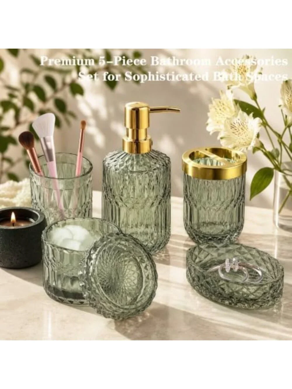 5-Piece Green Bathroom Accessories Set - Glass Dispenser, Soap Dish, Toothbrush